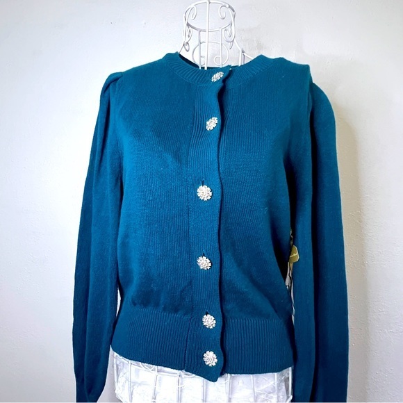 New Ryegrass teal cardigan sweater w/rhinestone buttons, a cashmere blend, S. - Picture 1 of 12